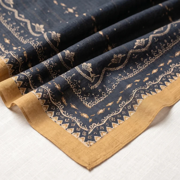 Black geometric printed ladies dupatta with decorative traditional patterns and golden border