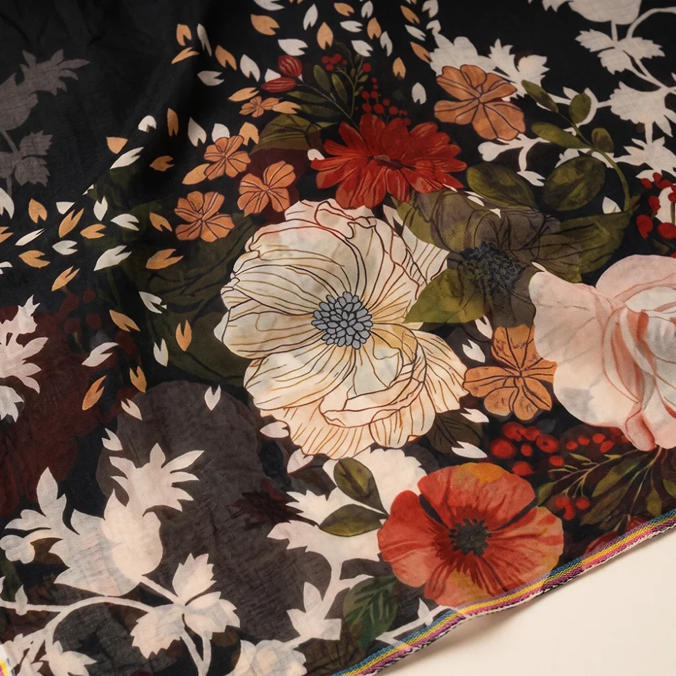 Black Multicolor Floral Printed Dupatta for Women