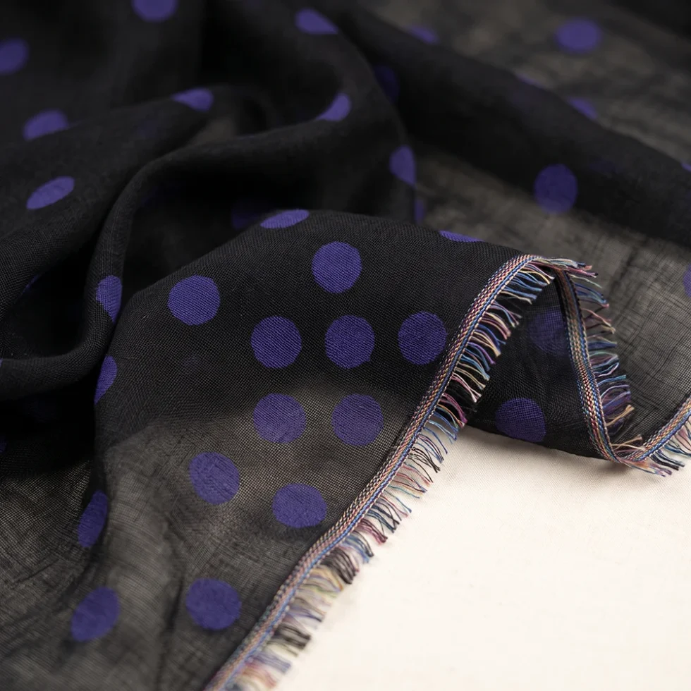 Black ladies dupatta with purple polka dots and decorative multicolor fringe border